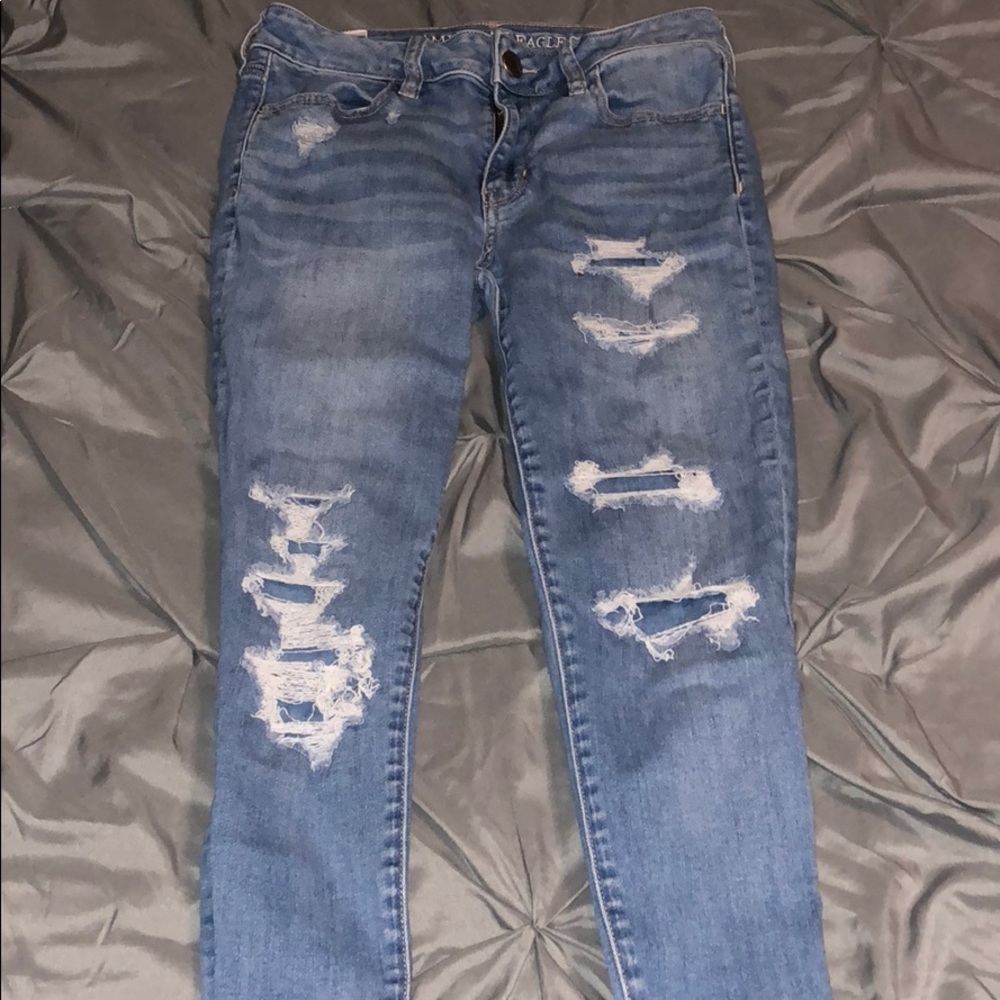 AE high-wasted medium wash patched jeans size 2